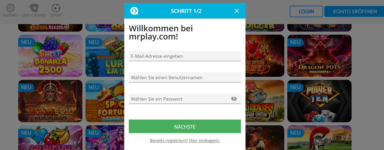 Eröffnen Sie ein neues Konto mit E-Mail-Adresse und selbst gewähltem Passwort