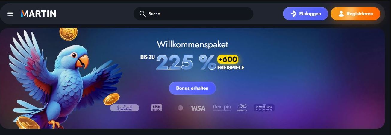 Sichere dir das Willkommenspaket mit 225 Prozent Bonus bei Martin