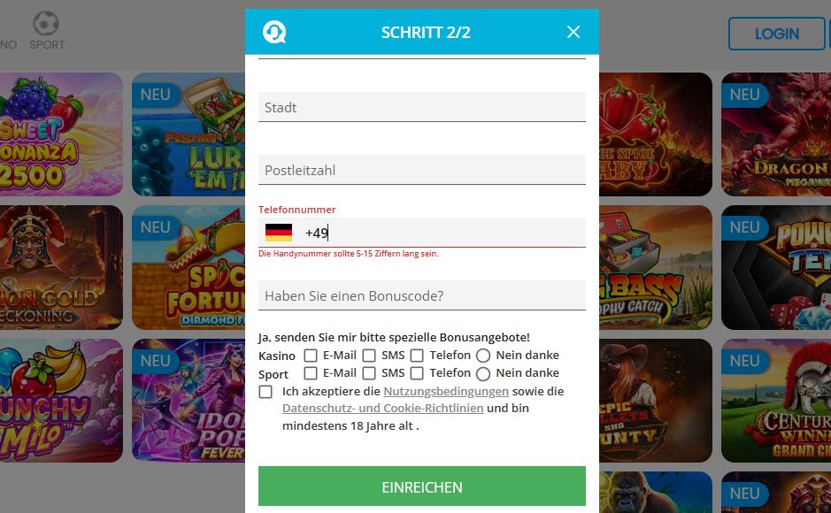 Schließen Sie die Registrierung ab, geben Sie Ihre Telefonnummer ein und lösen Sie einen Bonuscode ein